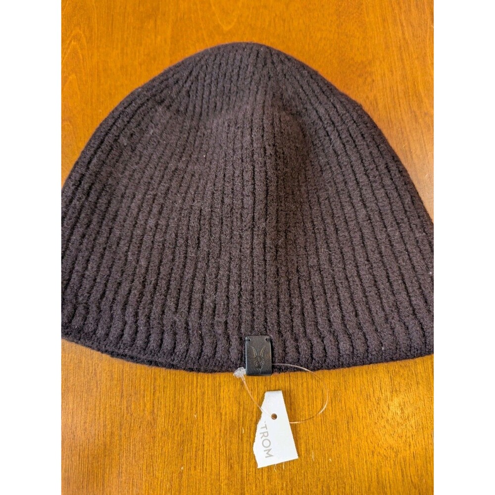 AllSaints Mens Brown Merino Wool Blend Ribbed Beanie Hat Winter Warm New